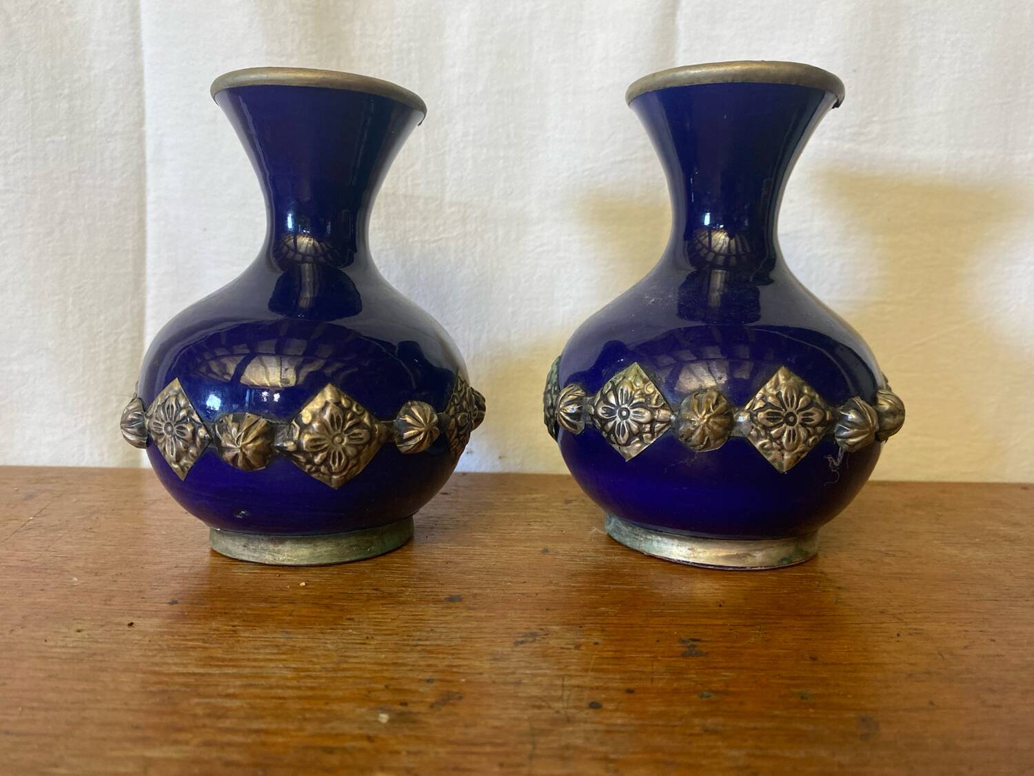 Pair of antique cobalt blue ceramic vases + vintage metal decor