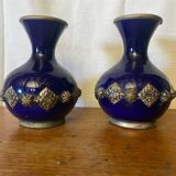 Pair of antique cobalt blue ceramic vases + vintage metal decor