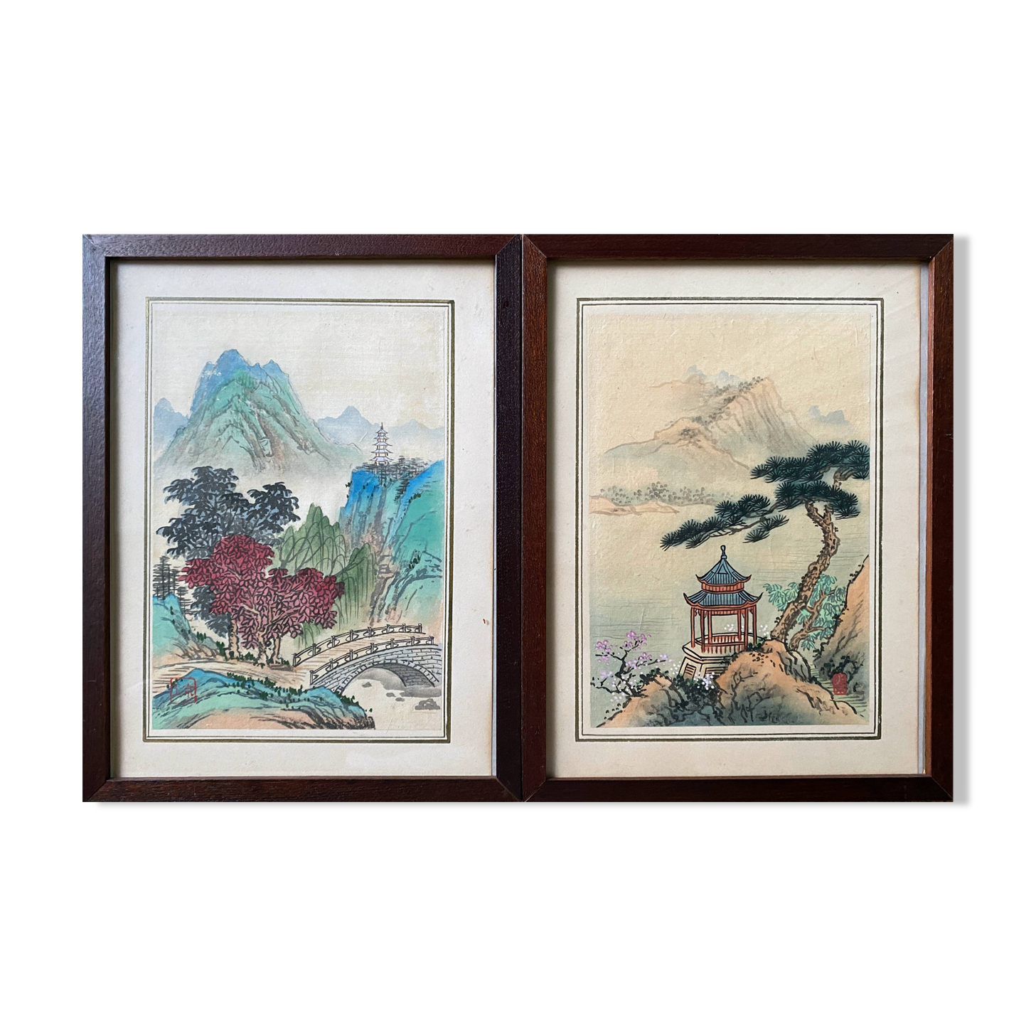 Pendant of ancient Chinese ink paintings "Landscapes and temple" signed