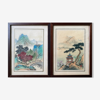 Pendant of ancient Chinese ink paintings "Landscapes and temple" signed