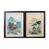 Pendant de tableaux anciens à l'encre de hine "paysages et et temple" signés