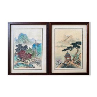 Pendant of ancient Chinese ink paintings "Landscapes and temple" signed