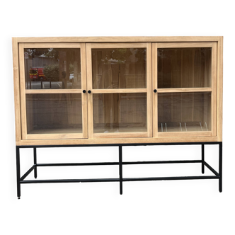 Babeth low display case with 3 doors in solid teak