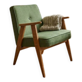 Fauteuil vintage vert mousse, bois de chêne, entièrement restauré