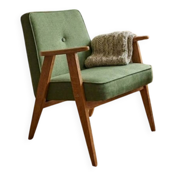 Fauteuil vintage vert mousse, bois de chêne, entièrement restauré