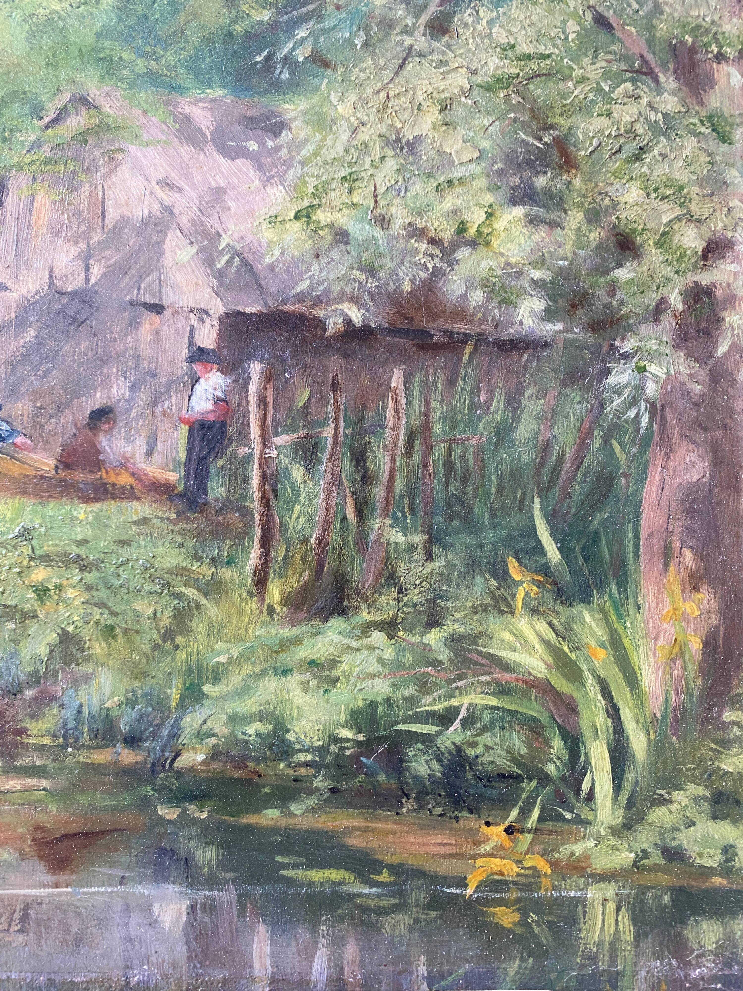 HSP 1917 painting signed Romezin "Cabin by the water" + frame