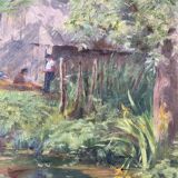 HSP 1917 painting signed Romezin "Cabin by the water" + frame