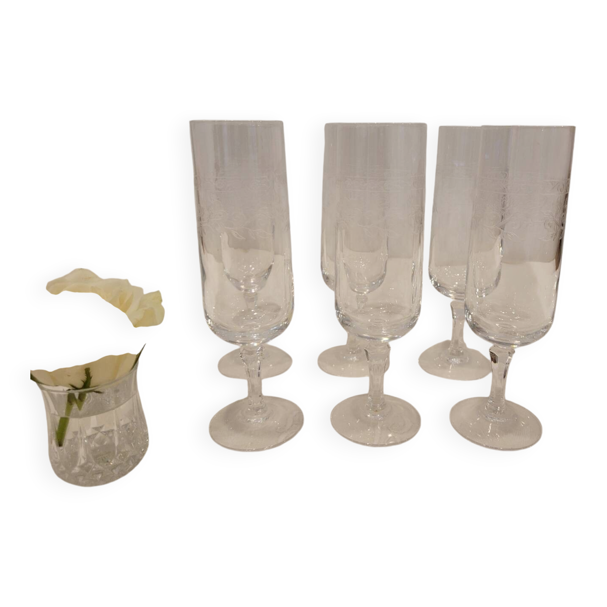 6 engraved crystal champagne flutes (floral) 1920