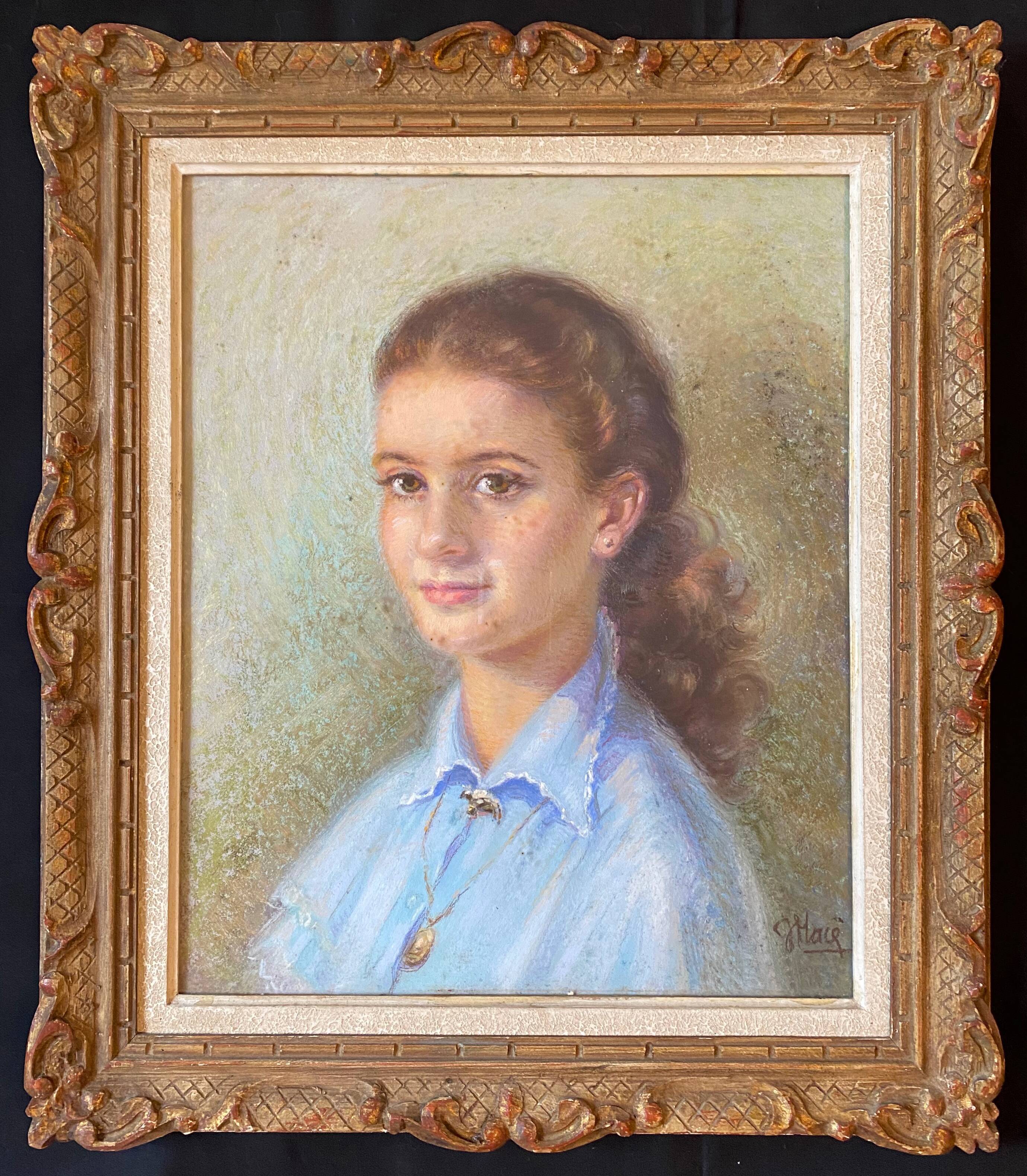 Painting "Young girl with pendant"" Pastel signed J. Macé around 1940 + frame