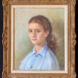 Painting "Young girl with pendant"" Pastel signed J. Macé around 1940 + frame