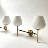 2 double wall lights in brass and white opaline glass, Arlus design 1950