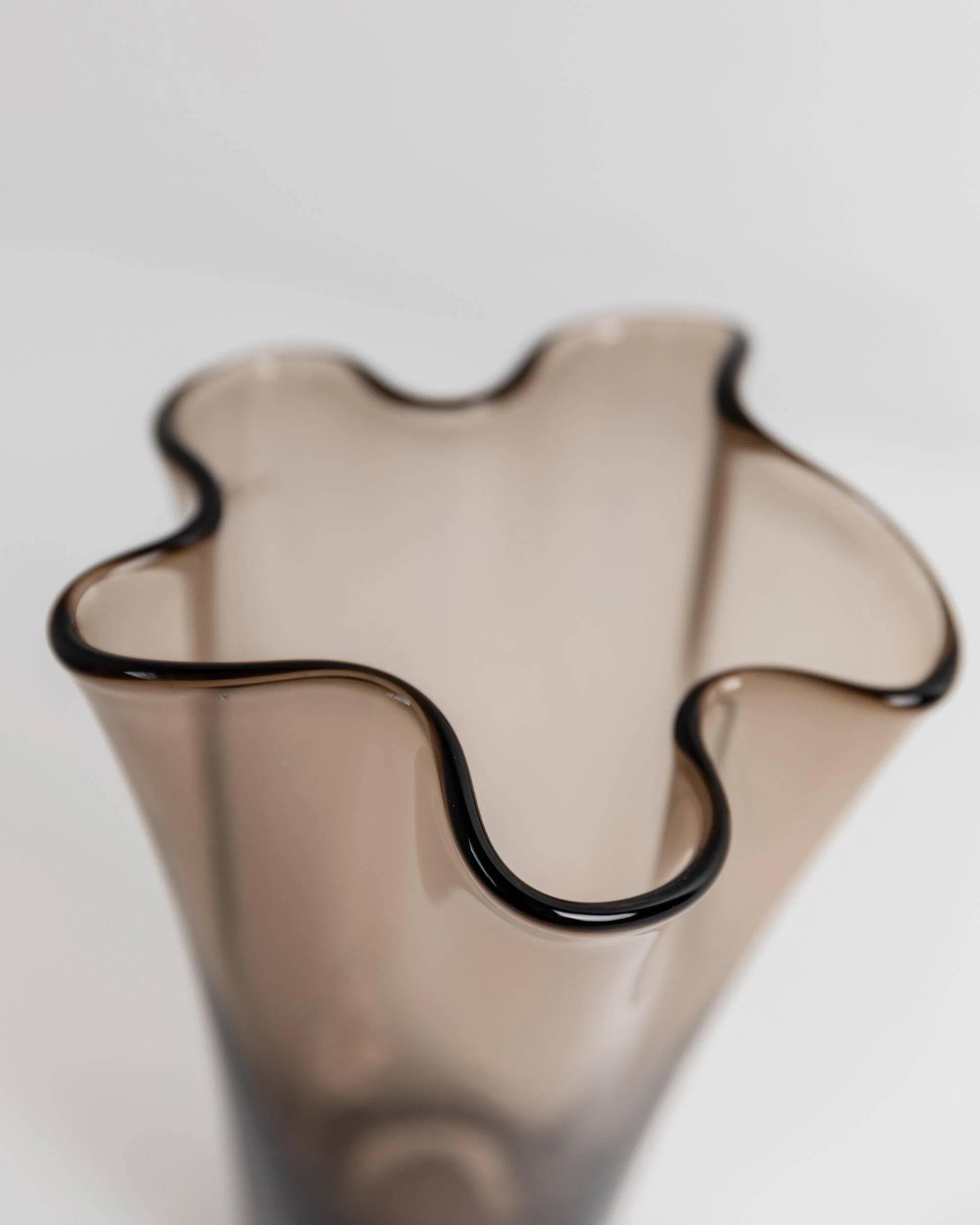 Vintage Murano glass vase from the 1980s, smoky brown, organically wavy shape.