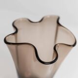 Vintage Murano glass vase from the 1980s, smoky brown, organically wavy shape.