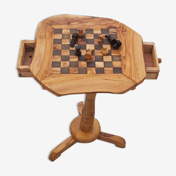 Rustic chess table with rustic olive wood drawers 13.4"