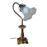 bronze art nouveau tulip lamp with translucent blue lace glass 39x25 cm