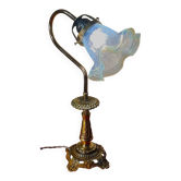 bronze art nouveau tulip lamp with translucent blue lace glass 39x25 cm