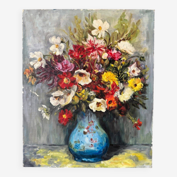 Oil on canvas still life 1960 bouquet of flowers 20th century blue vase