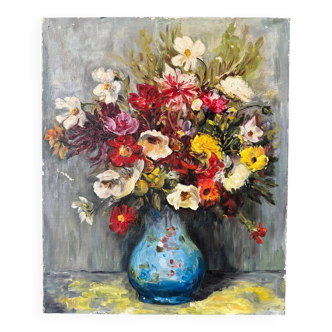 Huile sur toile nature morte 1960 bouquet de fleurs XXe vase bleu