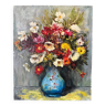 Huile sur toile nature morte 1960 bouquet de fleurs XXe vase bleu