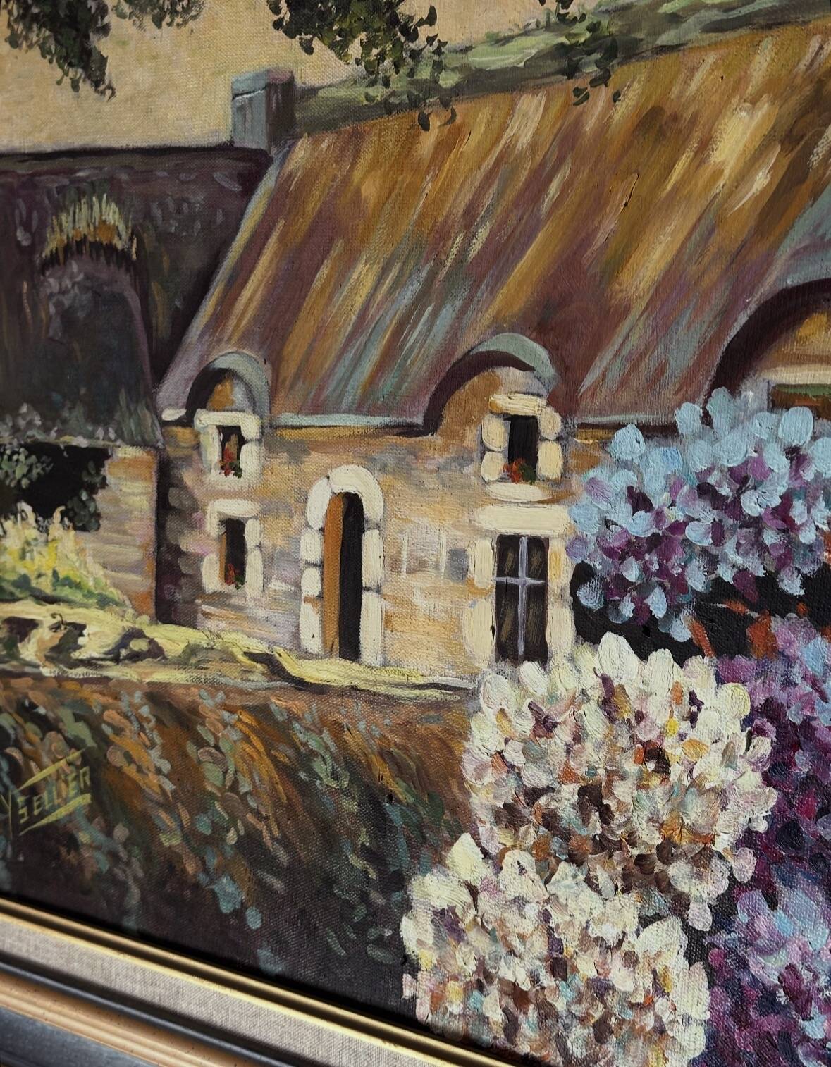 Oil on canvas framed – House with hydrangeas, Yvonne Sellier
