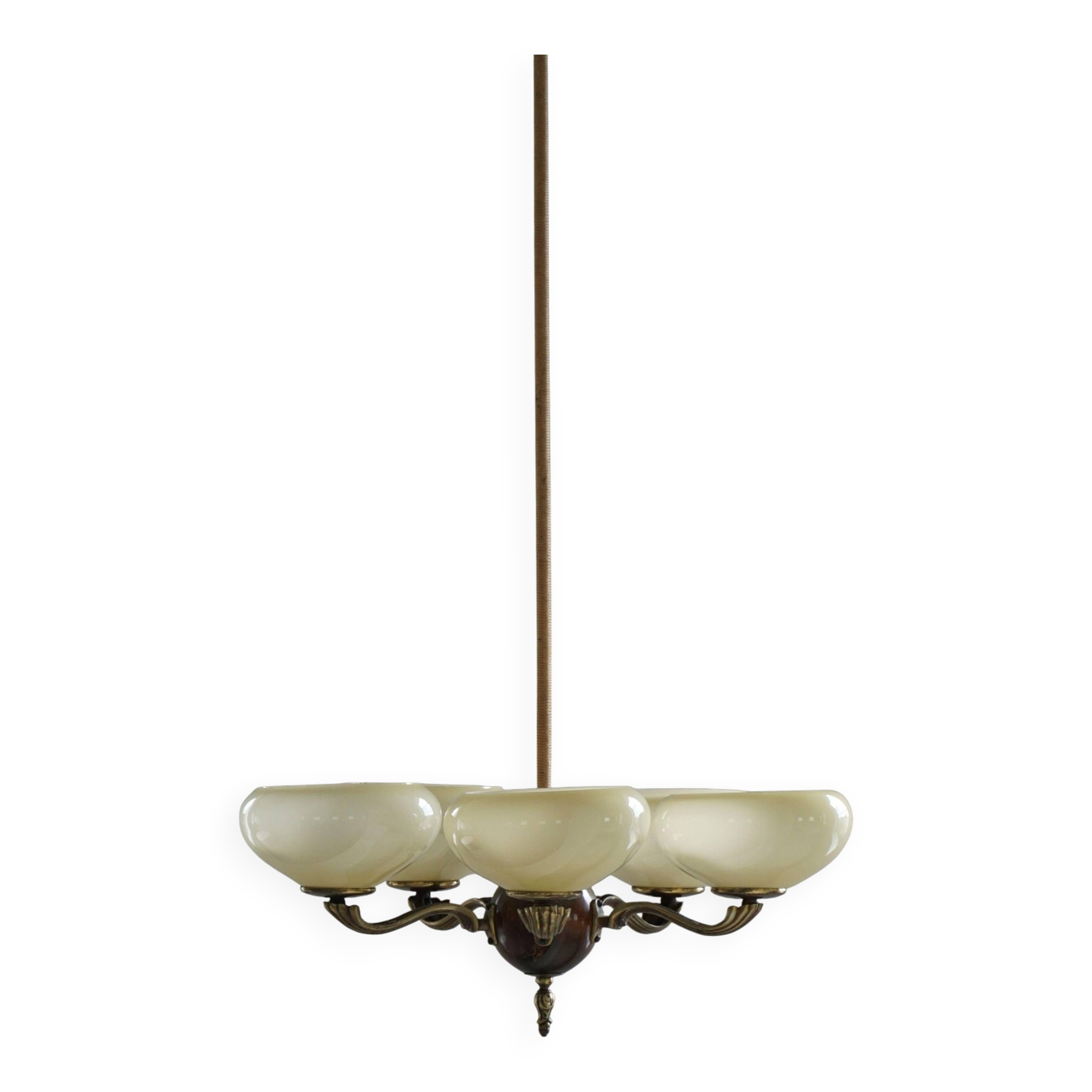 Chandelier with 5 arms by Paavo Tynell, model 1386/5 for Taito, Finland, 1930s.