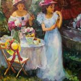 Painting - oil on canvas: tea in the garden