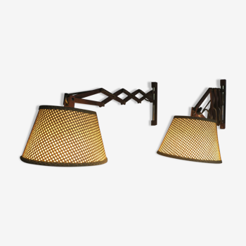 Pair of Erik Hansen teak scissor wall lights with original bamboo shades 1960s