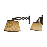 Pair of Erik Hansen teak scissor wall lights with original bamboo shades 1960s