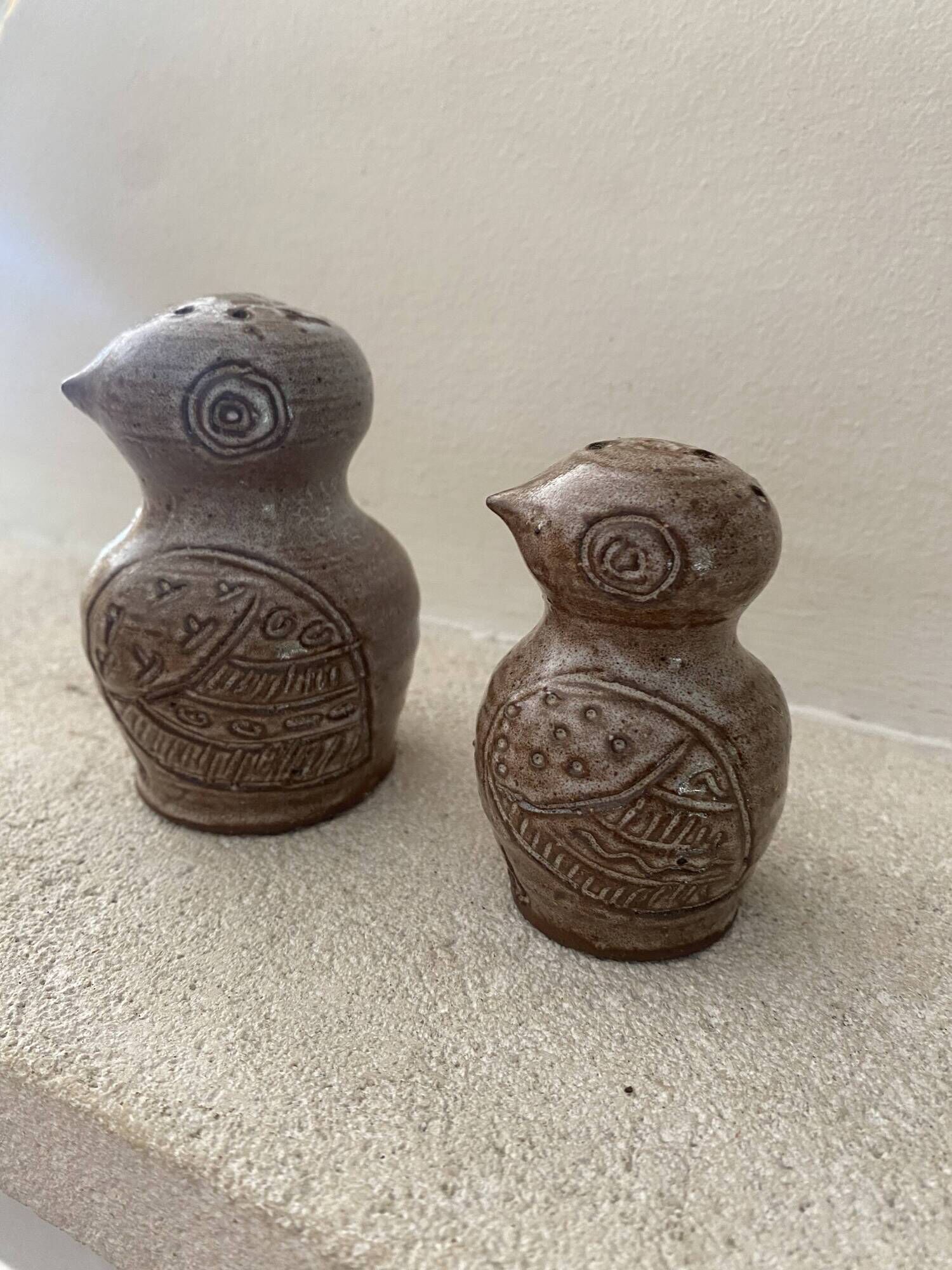 Stoneware owl salt and pepper shakers by Jeanne and Norbert Pierlot