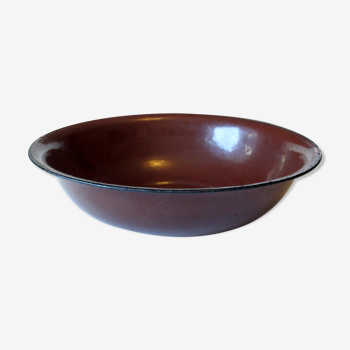 Antique brown enameled salad bowl, vintage from the 1940s