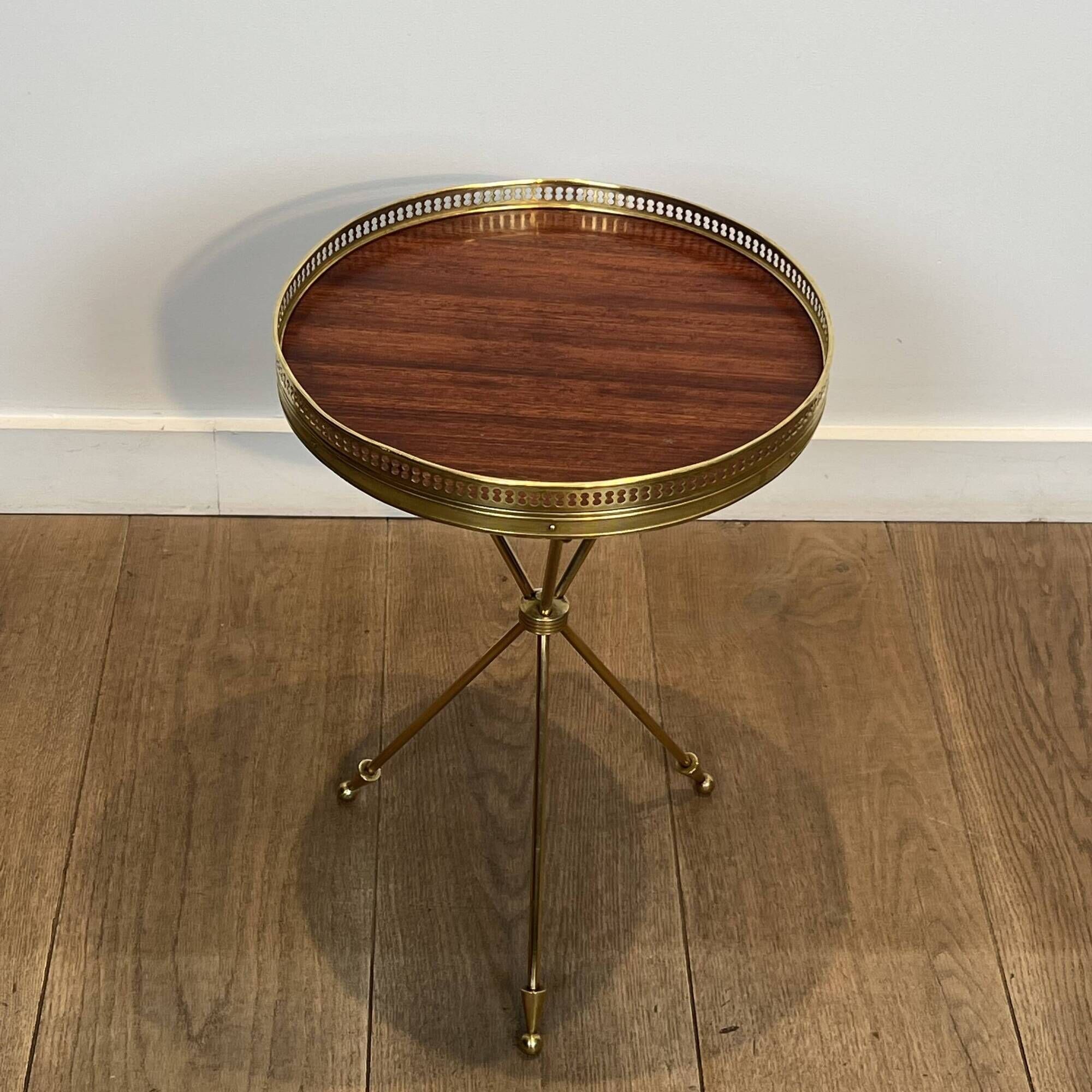 Tripod Side Table in Brass with Mahogany Top and Openwork Gallery. St. Trava