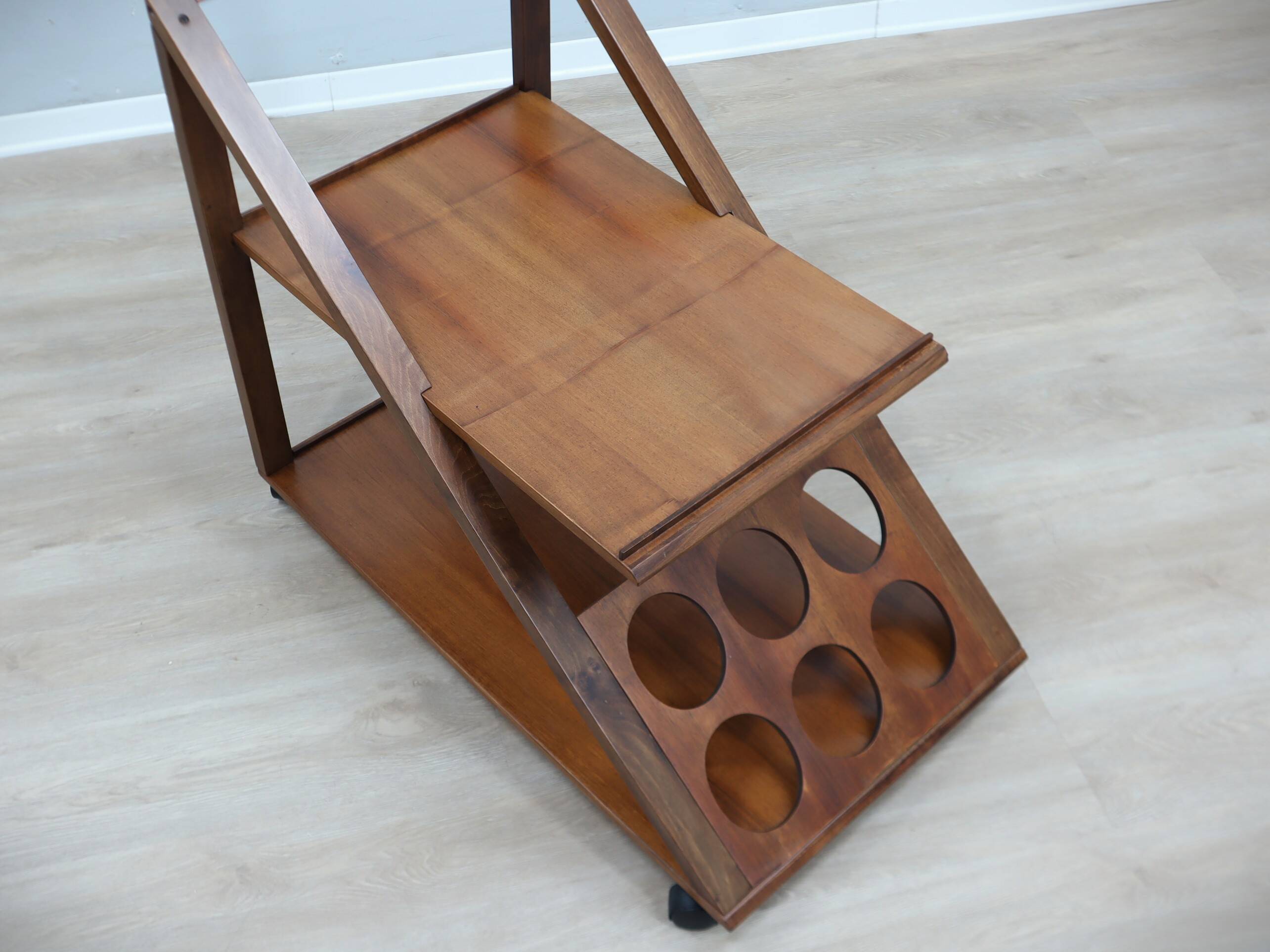 Vintage geometric walnut wood bar cart 1970s