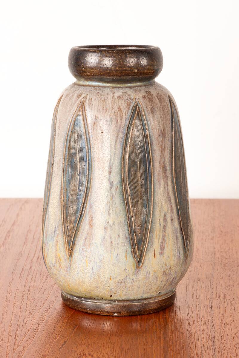 Art Deco period vase in green and gray glazed ceramic by Edouard G