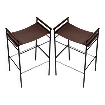 Handcrafted bar stool, dark brown leather, rubber and metal.