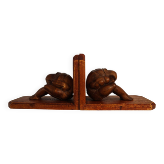 Vintage wooden bookends weeping Buddha