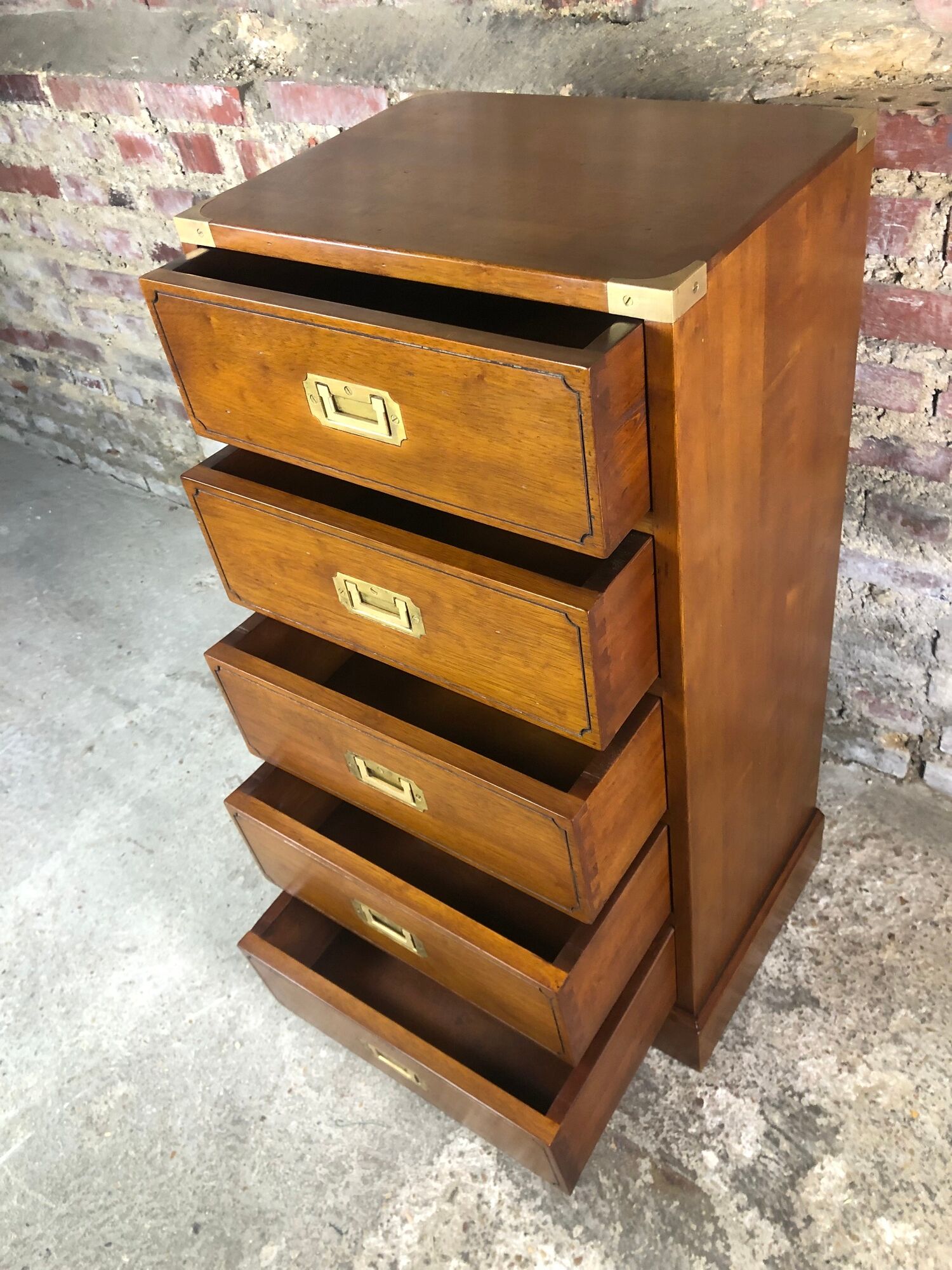 Chiffonnier / storage cabinet 5 drawers in rubber tree tint walnut and brass