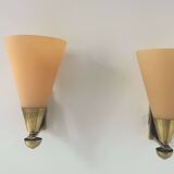Pair of vintage wall lights, amber glass and patinated brass, France 1960