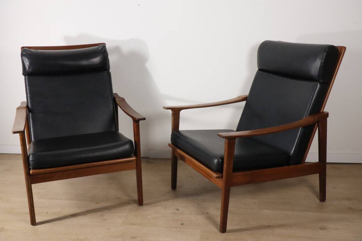 Pair of Scandinavian teak and leatherette armchairs, 1960