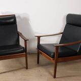 Pair of Scandinavian teak and leatherette armchairs, 1960