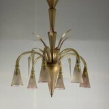 Venetian chandelier in beige/gray murano glass bordered with a red net