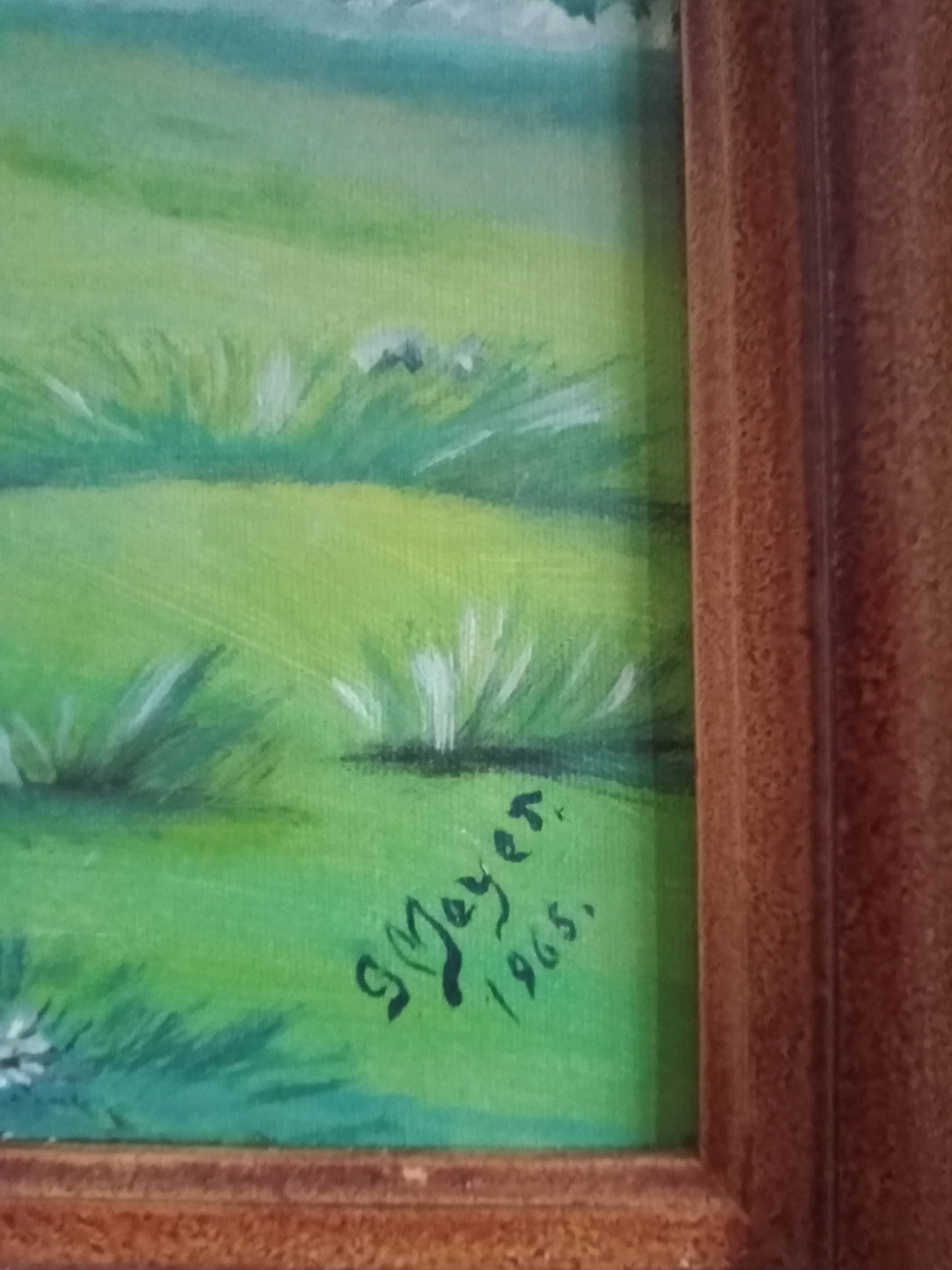 Mountain landscape painting and cows