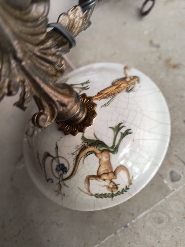 Lustre bronze, cuivre et faïence style gien