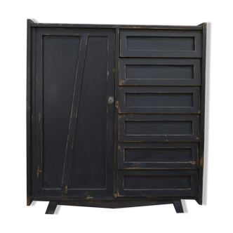 Meuble 1 porte 6 tiroirs patiné noir 1940