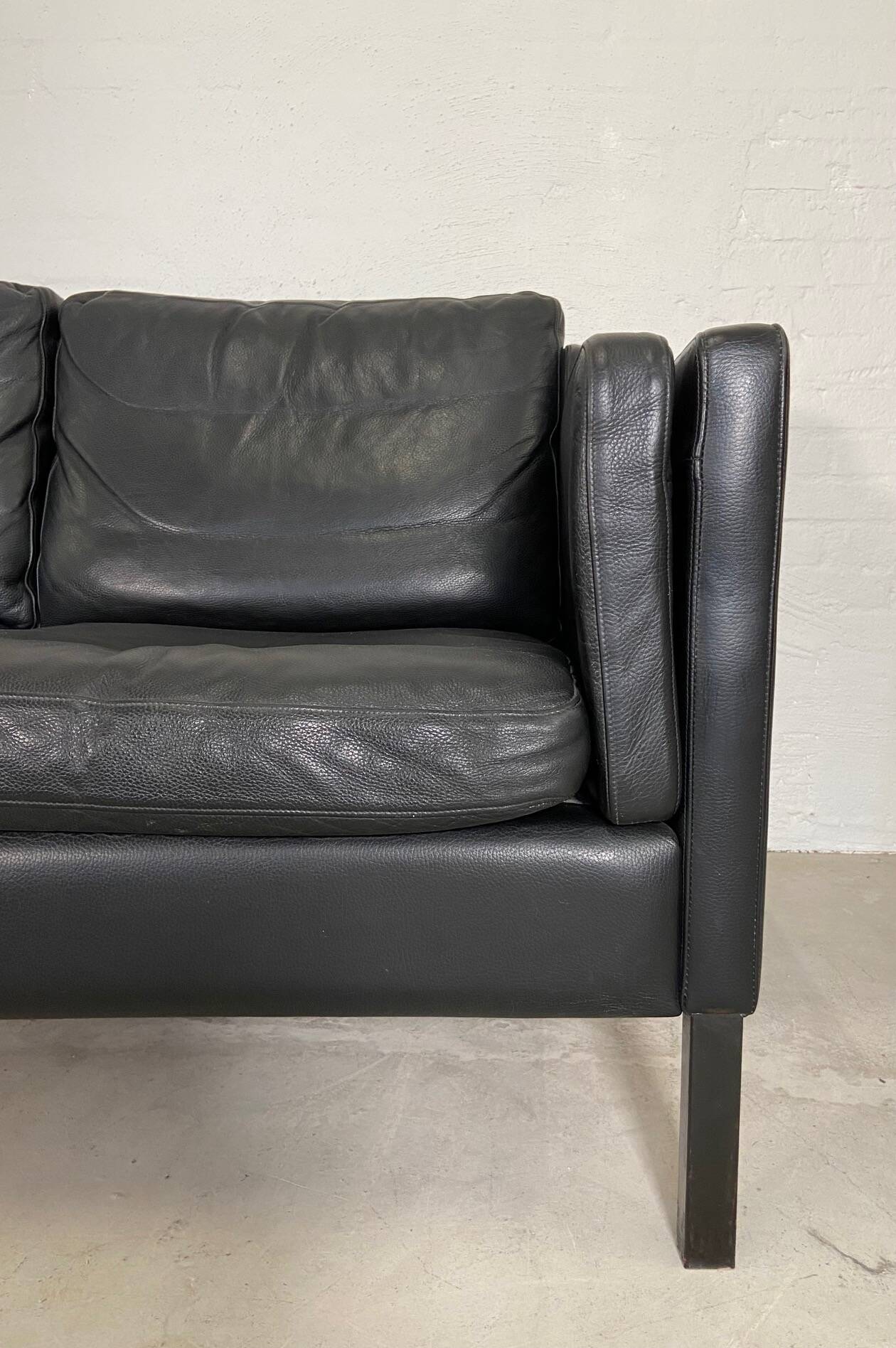 Vintage danish black leather 3 person stouby sofa