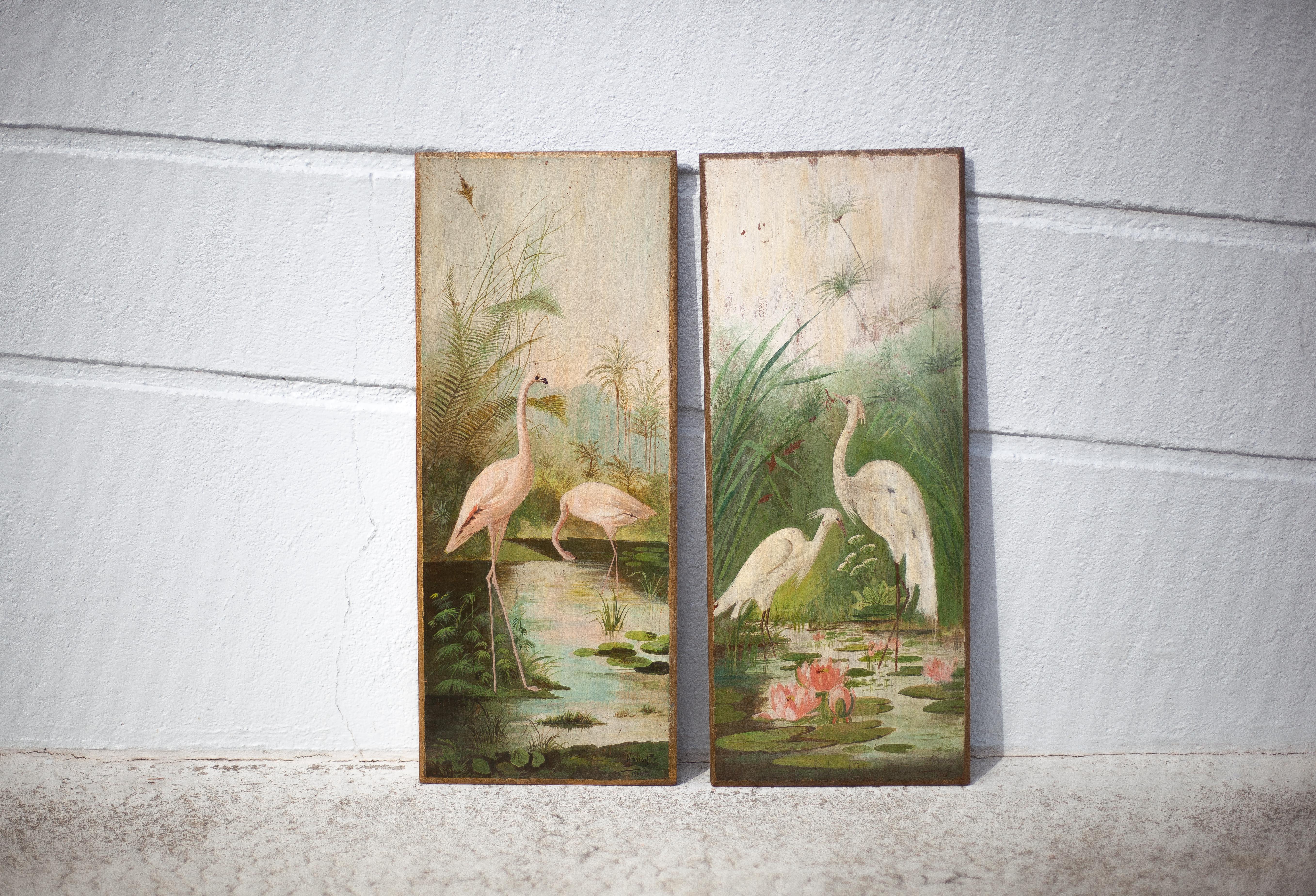 Pair of naturalistic painted wood panel signed Nancy 1900, Art Nouveau, pink flamingo bird, heron
