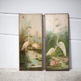 Pair of naturalistic painted wood panel signed Nancy 1900, Art Nouveau, pink flamingo bird, heron