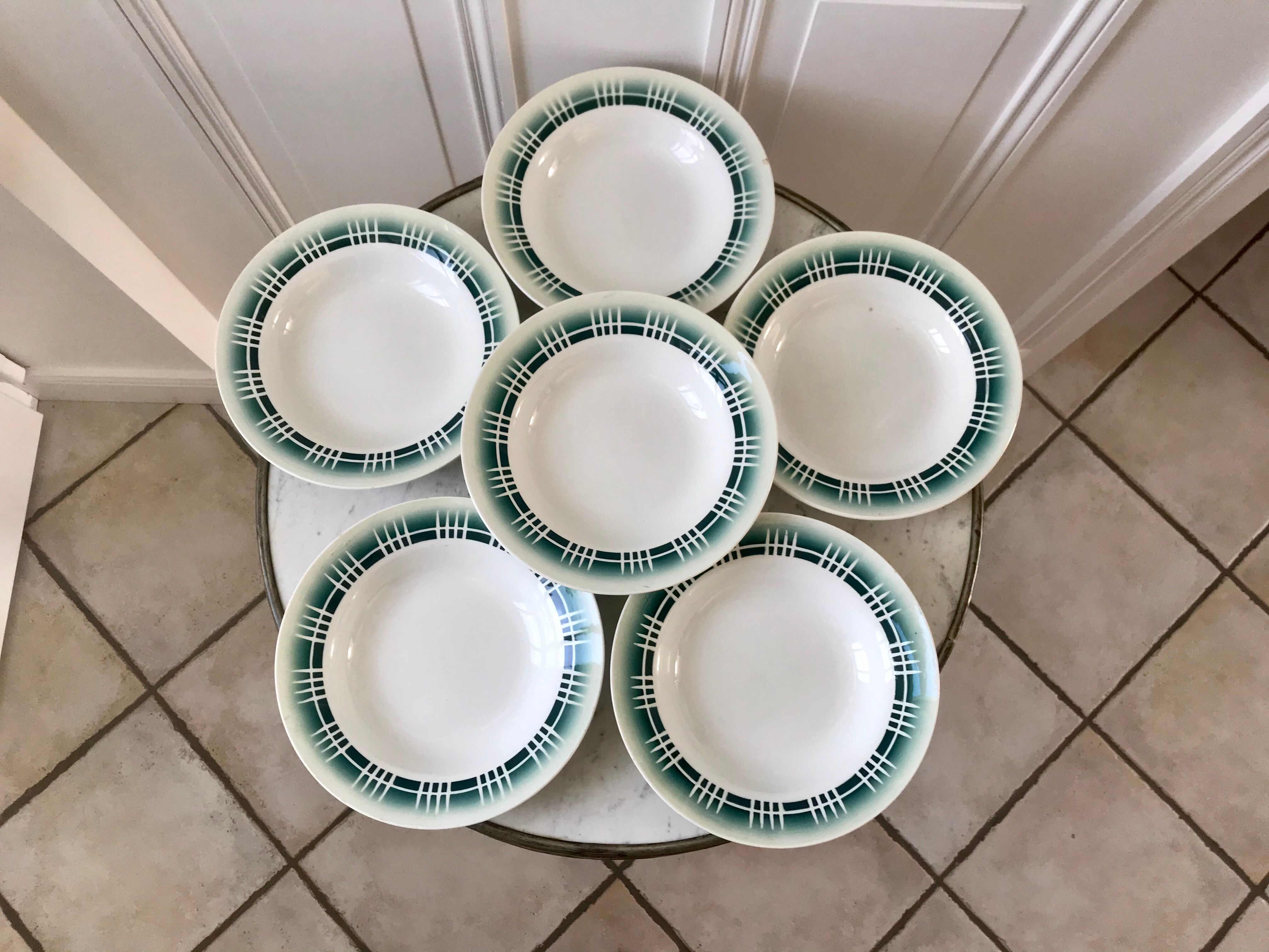 Set of 6 green hollow plates Digoin Sarreguemines 30s
