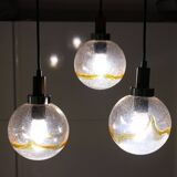 1970s teak, chrome metal and glass 3-globe pendant chandelier