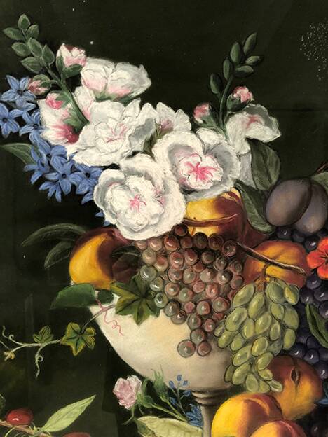 Large pastel signed Annie Faure, still life with flowers and fruits