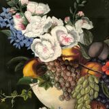 Large pastel signed Annie Faure, still life with flowers and fruits